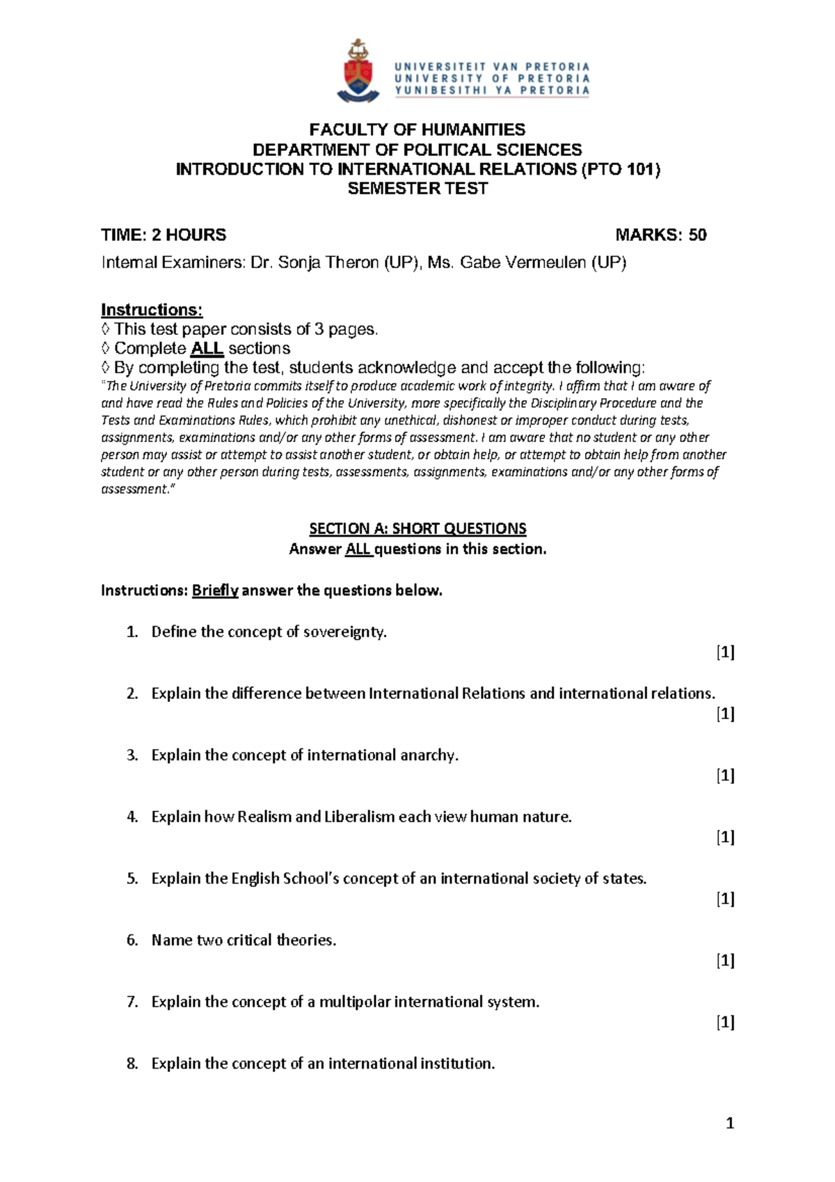 PTO 101 Semester Test: Introduction to International Relations 2022 ...