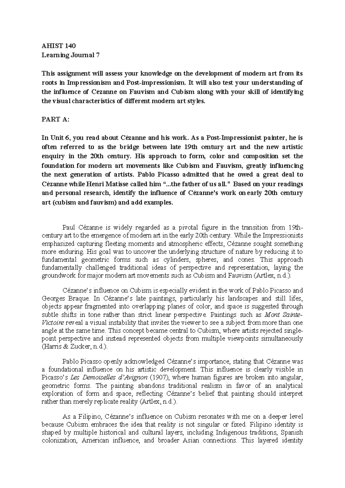 AHIST 1401 Learning Journal 7: Influence of Cézanne on Modern Art - Studocu