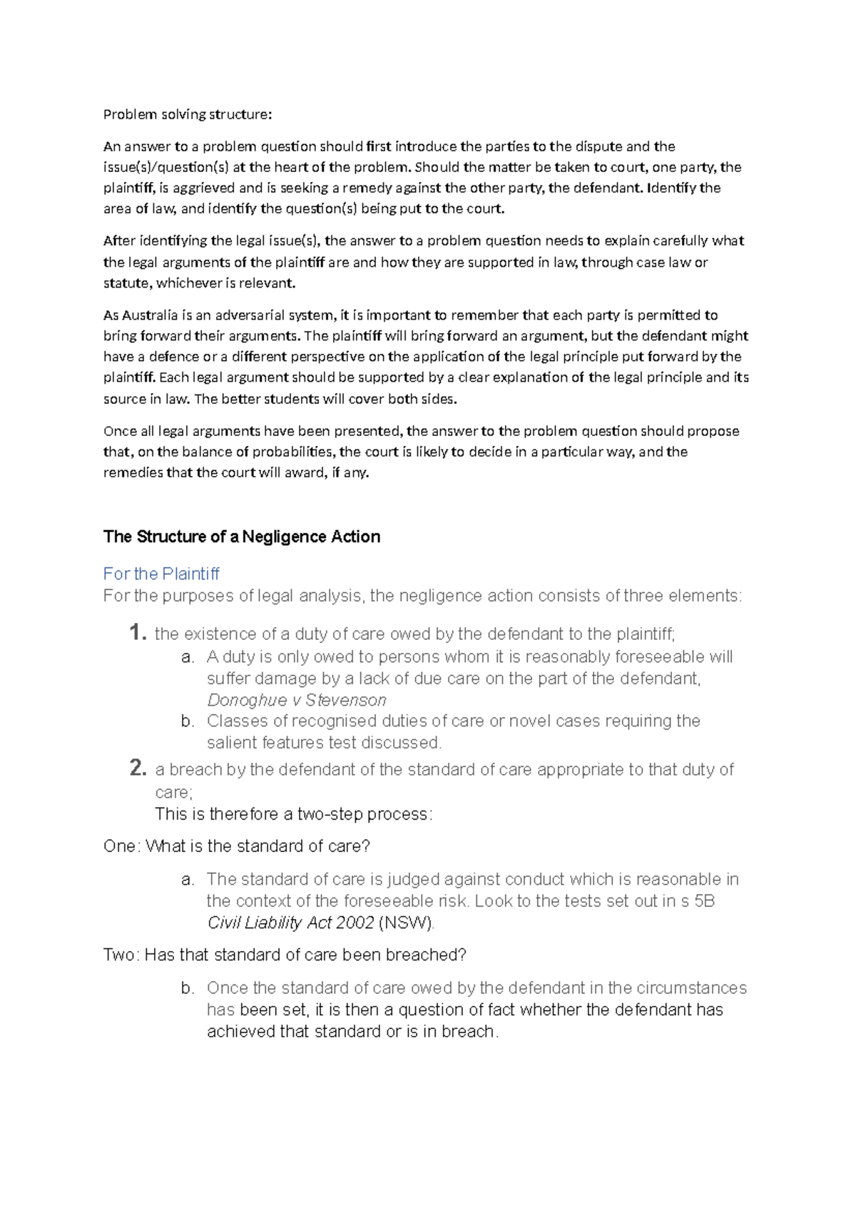 Problem Solving Structure: Legal Analysis of Negligence Actions - Studocu