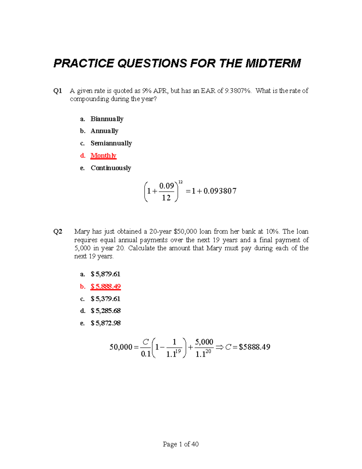 PRACTICE MIDTERM QUESTIONS FOR FINANCE 101 - Studocu