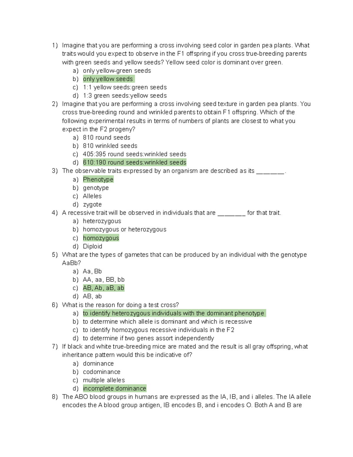Bio Chapter 8 Quiz - patterns of inheritance: concepts of biology ...
