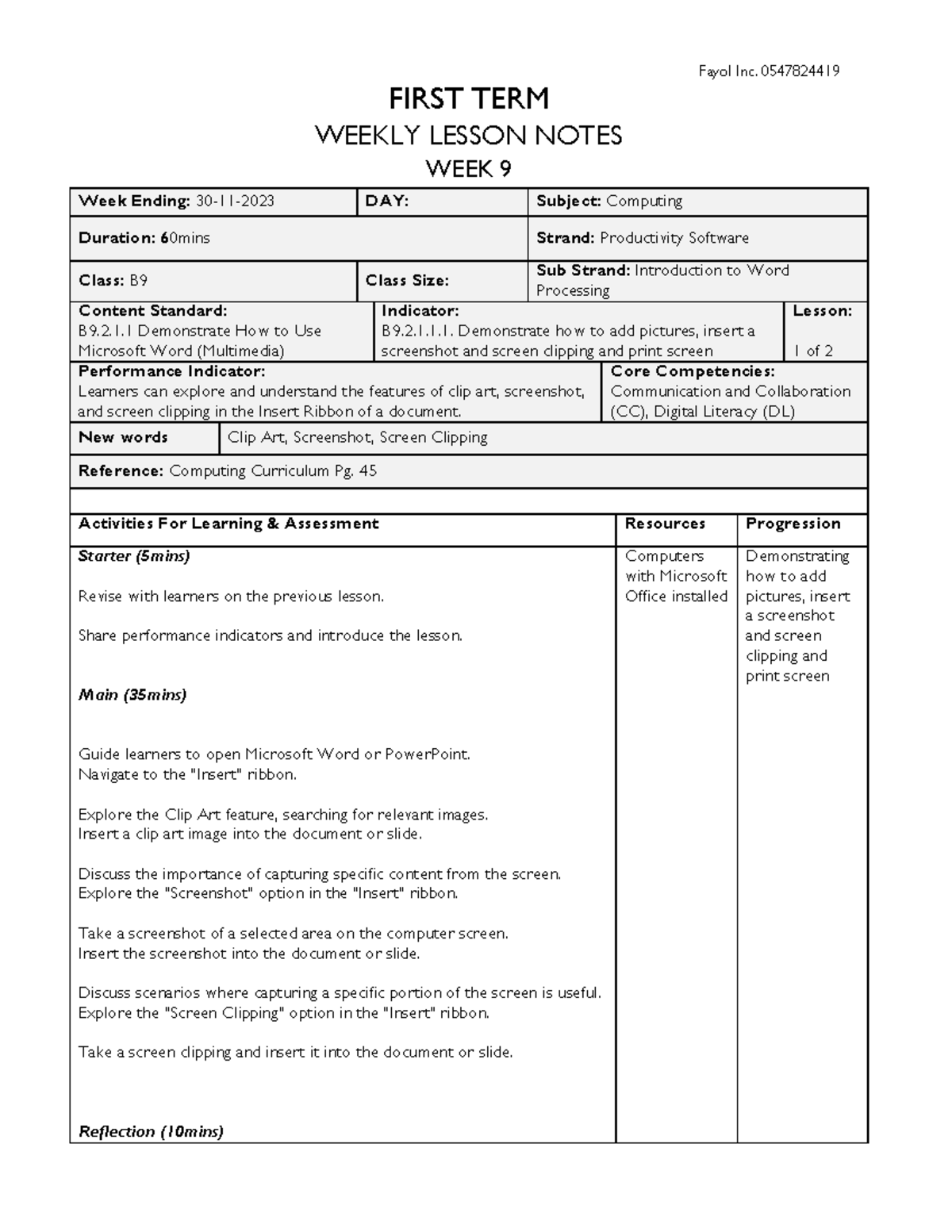 B9-COMP-WK9 - not much - Fayol Inc. 0547824419 FIRST TERM WEEKLY LESSON ...