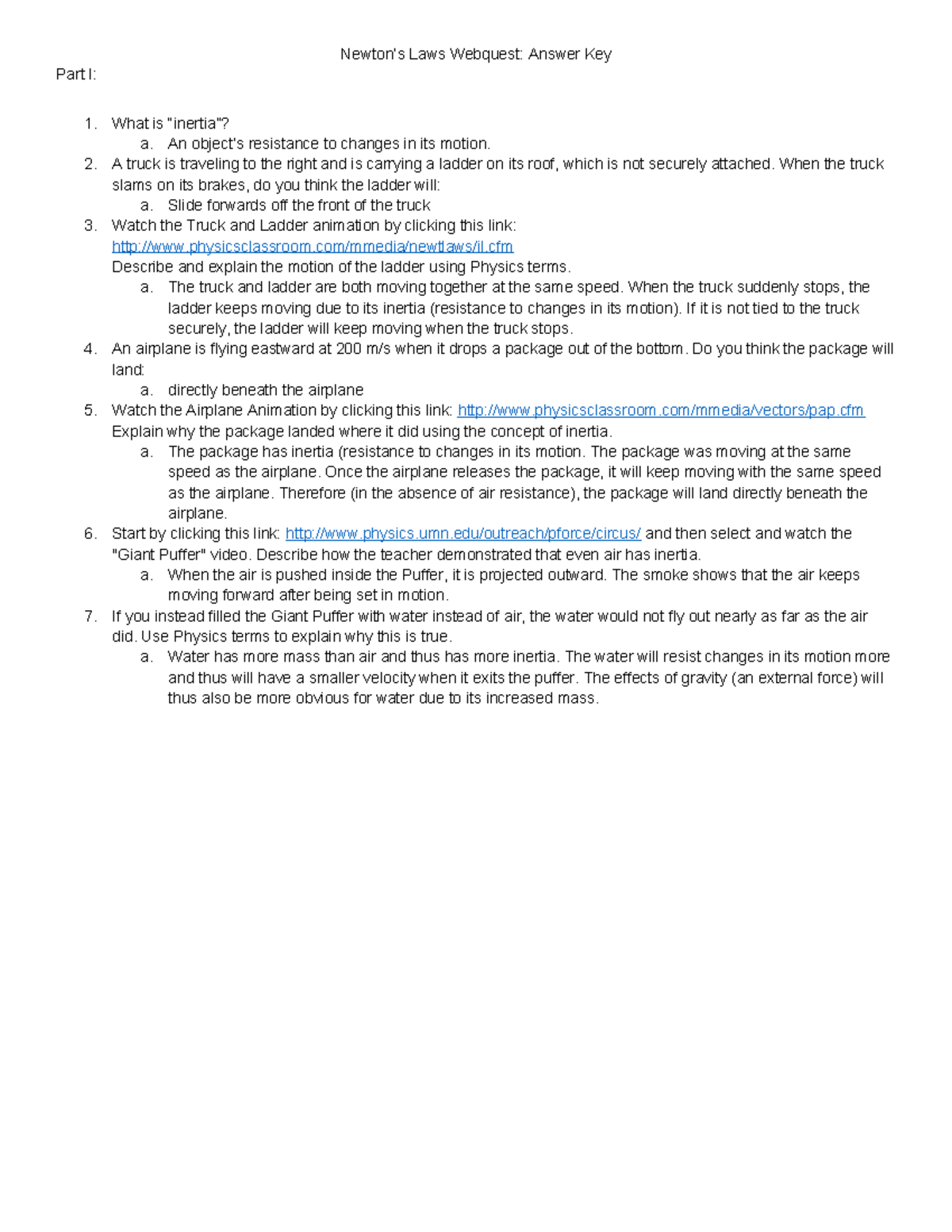 Physics 101: Newton's Laws Webquest Answer Key (Part I & II) - Studocu