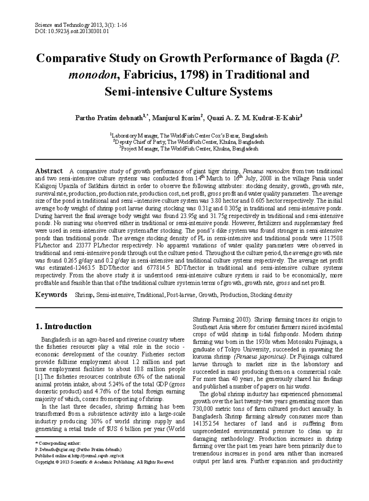 Comparative Study on Growth of Bagda (P. monodon) in Traditional vs ...