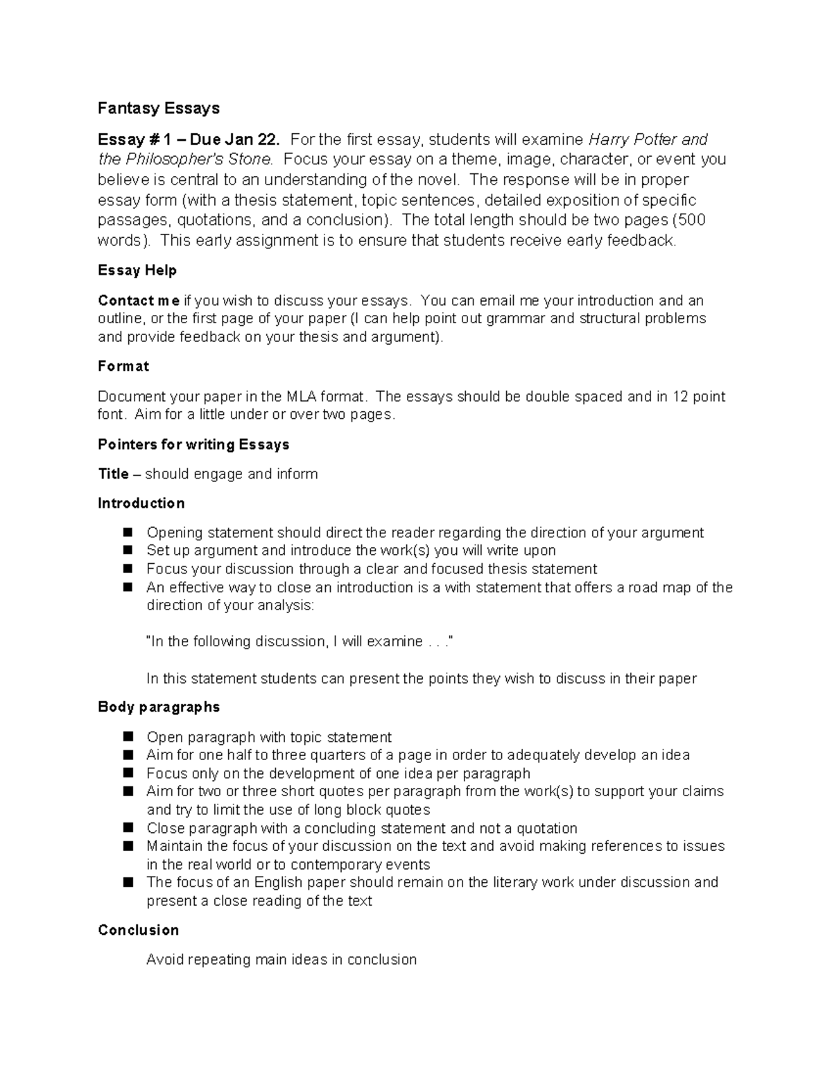 Fantasy Essays Outlines - Fantasy Essays Essay # 1 – Due Jan 22. For ...