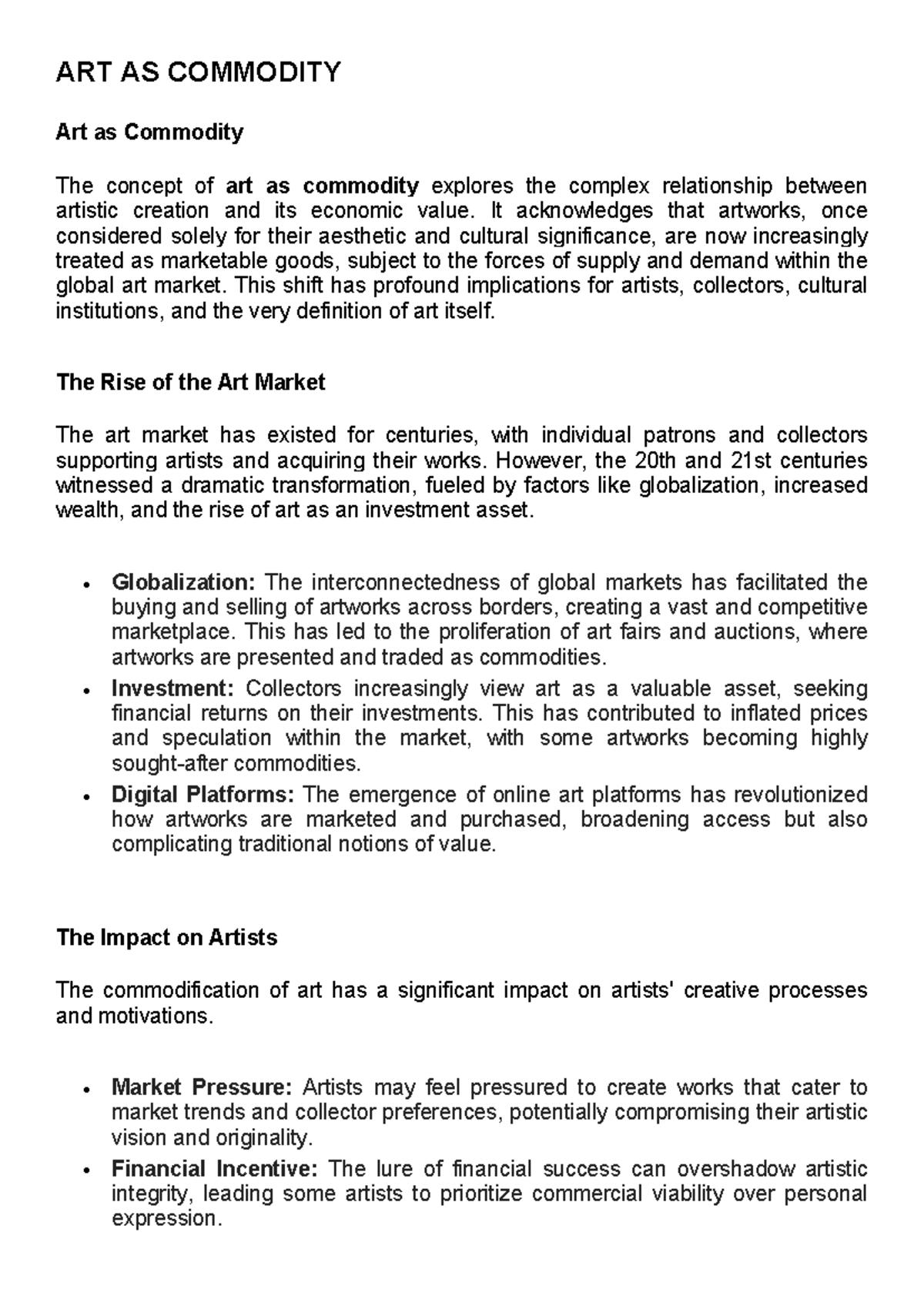 ART-AS-Commodity: Examining the Intersection of Art and Market Value ...
