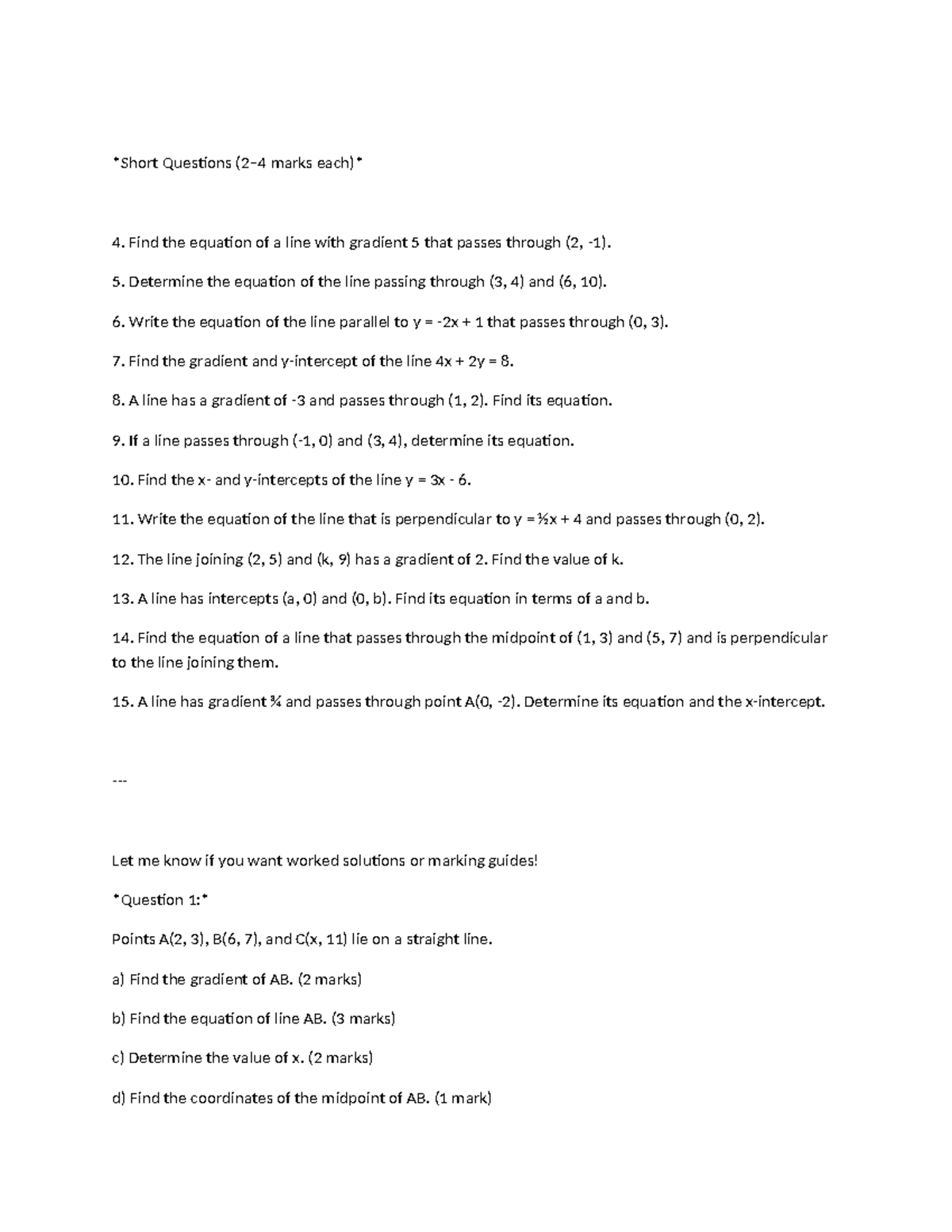 Short Questions on Line Equations and Gradients - Math 101 - Studocu