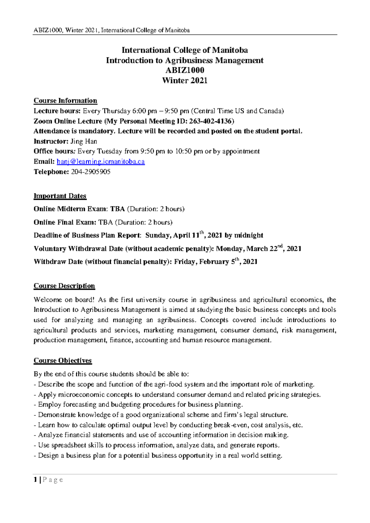 ICM ABIZ 1000 Course Outline - Intro to Agribusiness Management (Winter ...
