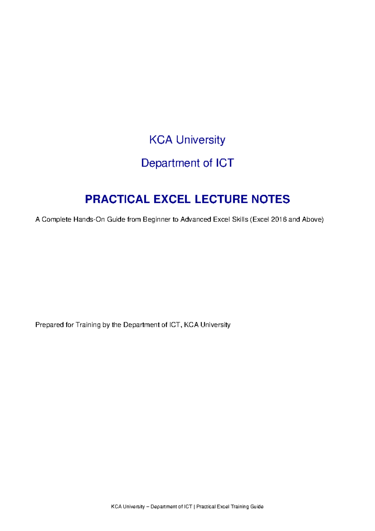 KCA University ICT Practical Excel Lecture Notes: Beginner to Advanced ...
