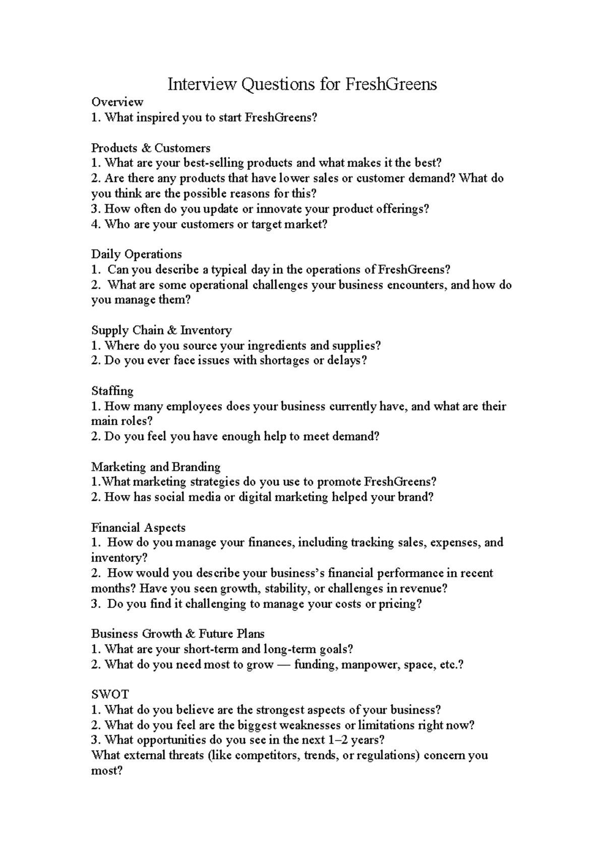 Interview Questions for FreshGreens: Business Overview & Insights - Studocu