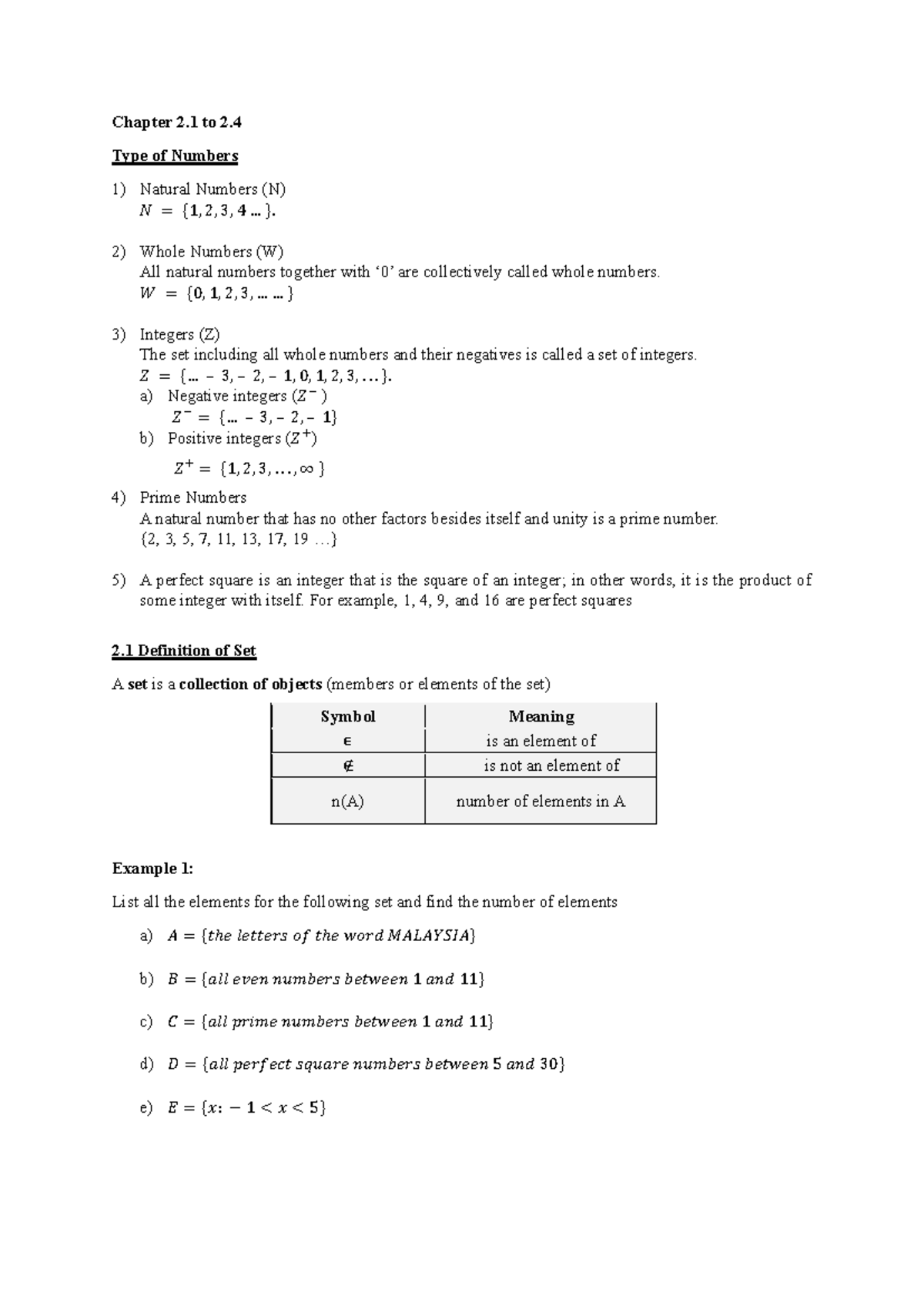 Mat016 - Chapter 2.1 to 2.4: Types of Numbers and Set Operations - Studocu