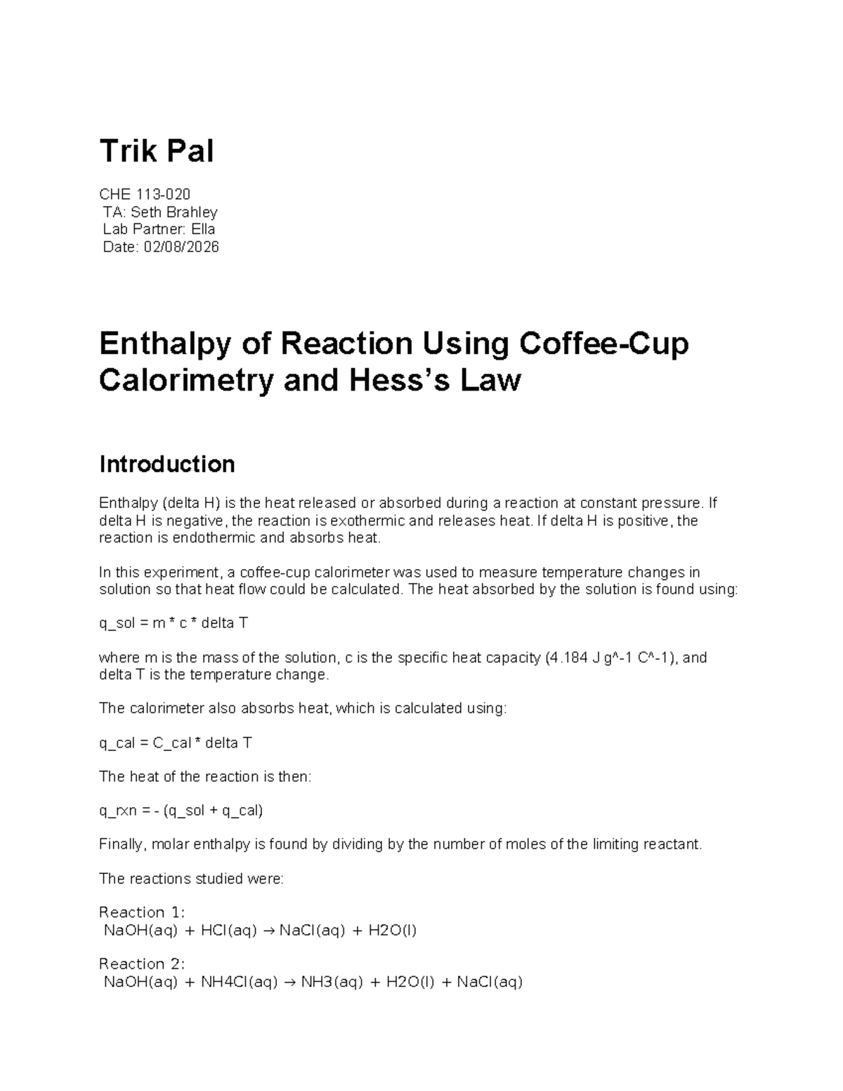 CHE TA: Enthalpy of Reaction Lab Report (Exp 11) - Studocu