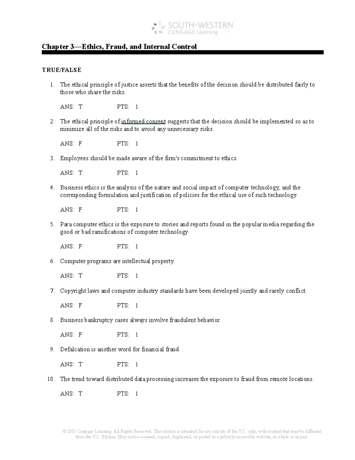 AIS CENGAGE Chapter 3: Ethics, Fraud, and Internal Control Insights ...