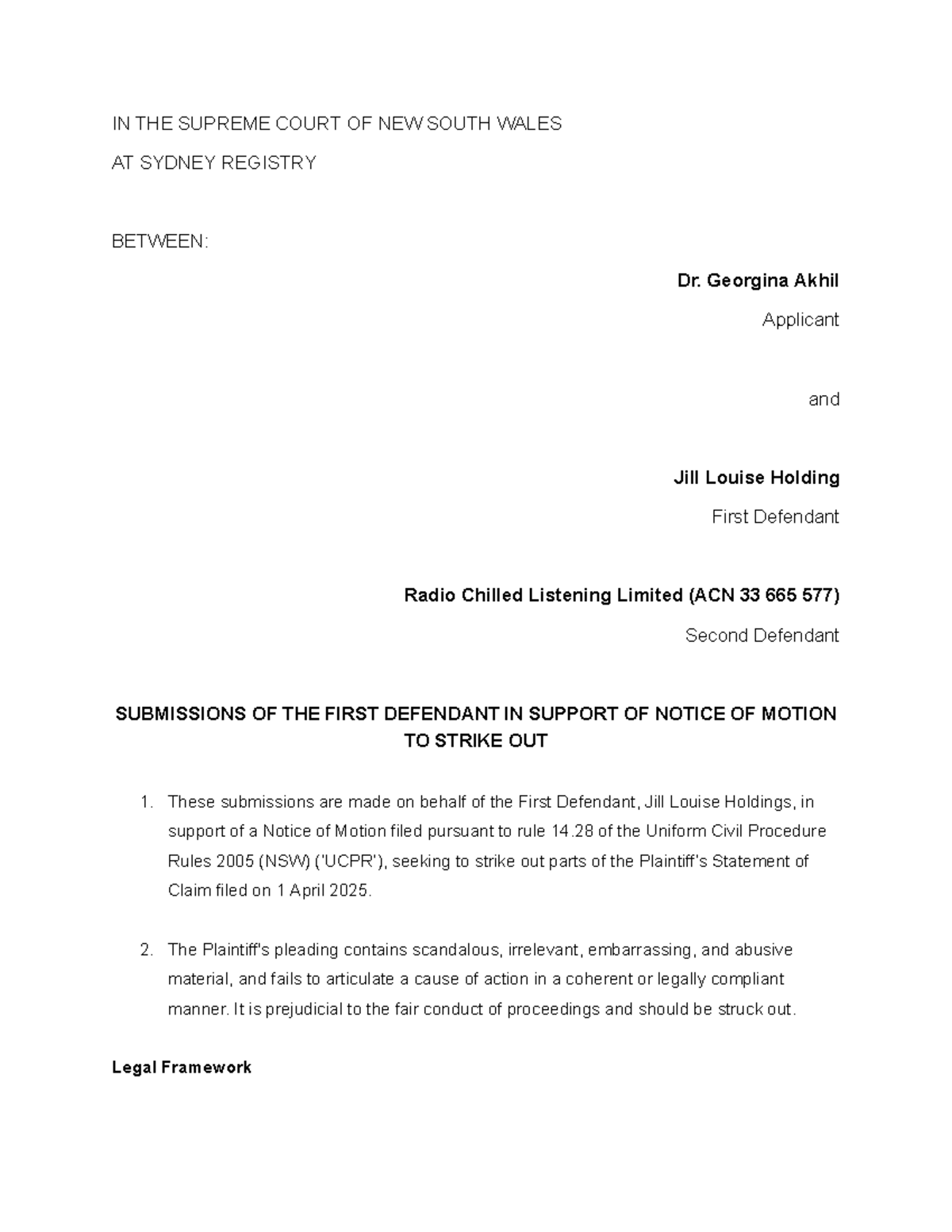 Submissions of the First Defendant - Jill Louise Holdings v. Dr. Akhil ...