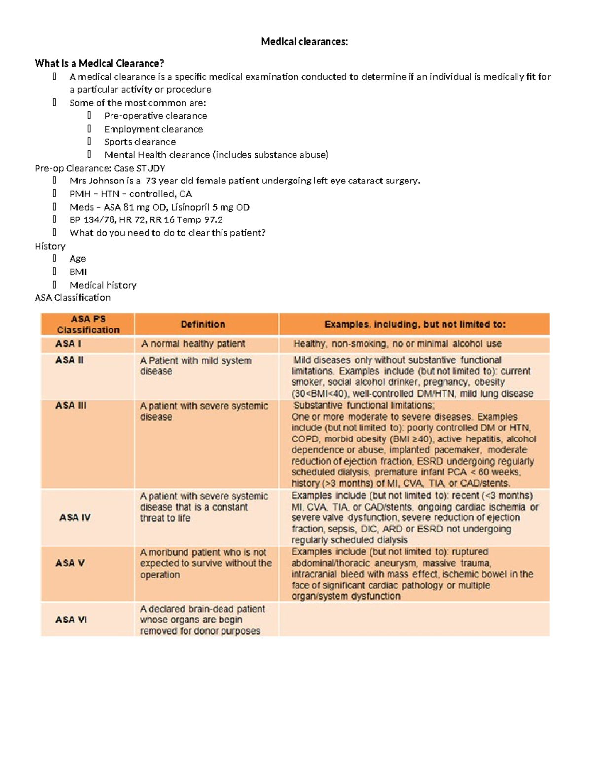 Medical Clearances for Exam 2: Case Studies Analysis - Studocu