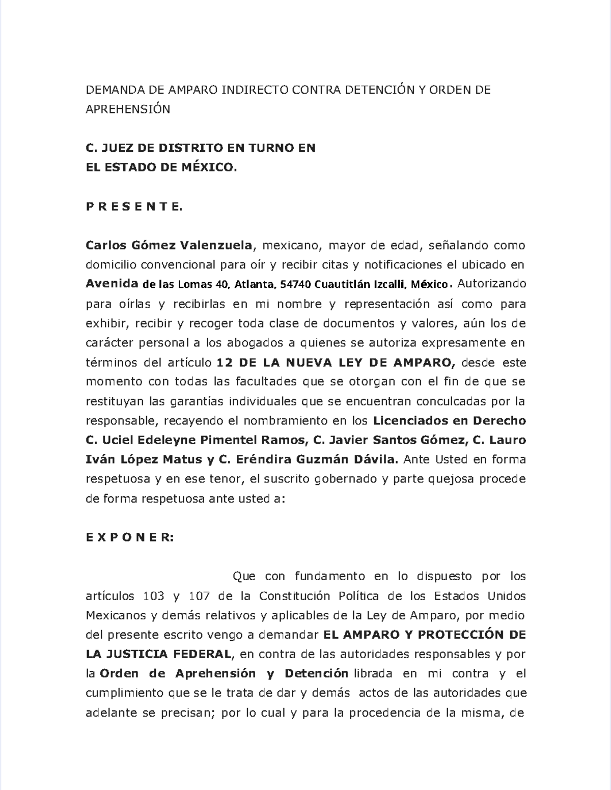 Demanda de Amparo Indirecto contra Detención y Orden de Aprehensión ...