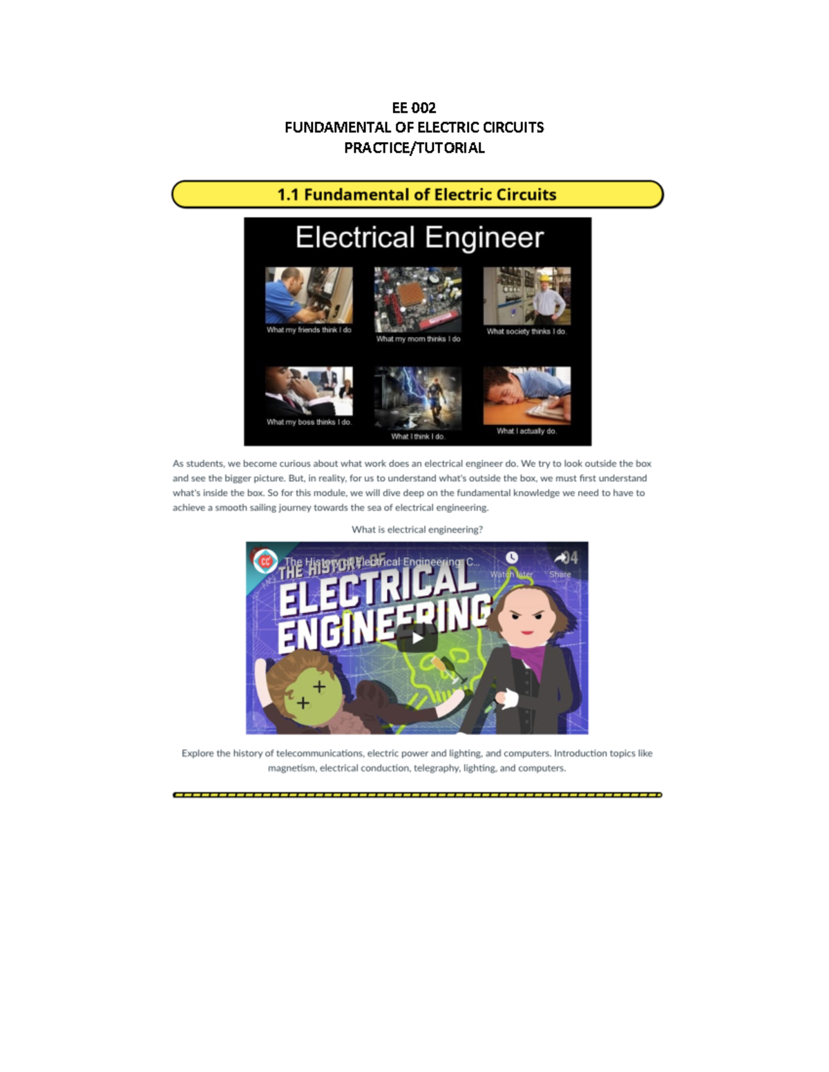EE 002. Practice Tutorial on Fundamental of Electric Circuits - Studocu