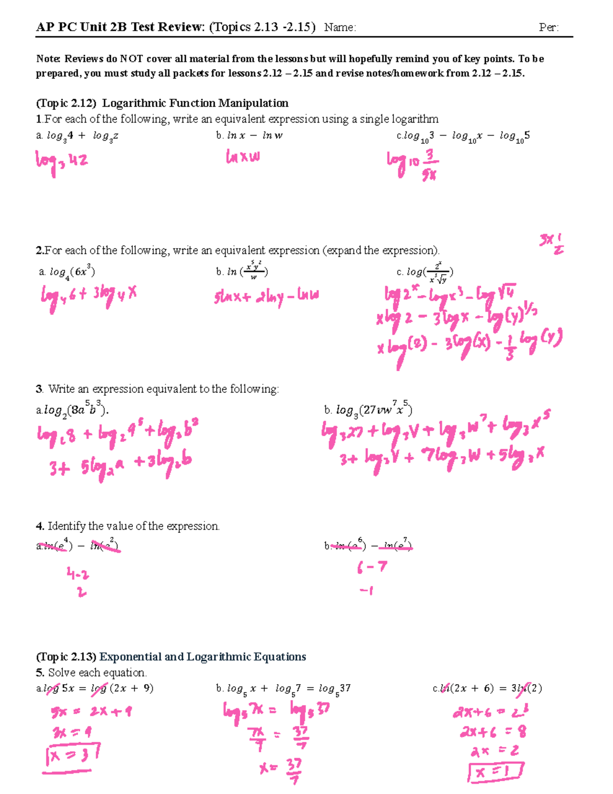 AP PC Unit 2B Test Review: Logarithmic Functions & Equations Guide ...