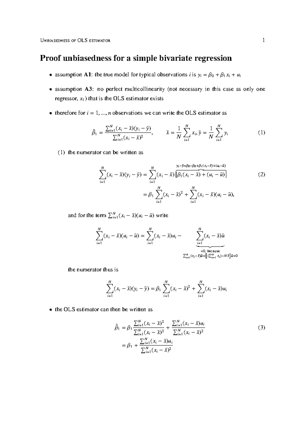 Proof of Unbiasedness in OLS Estimator for Bivariate Regression ...