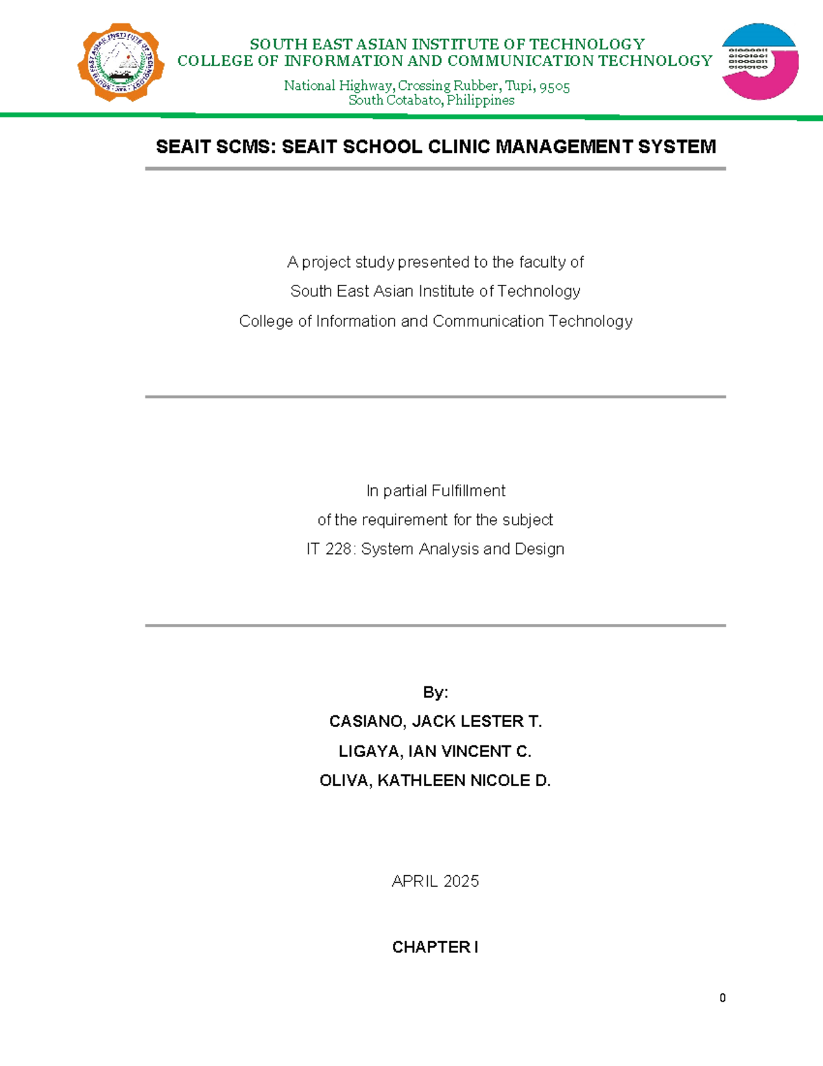 IT 228: SCMS Chapter 1 & 2 - SEAIT School Clinic Management System ...