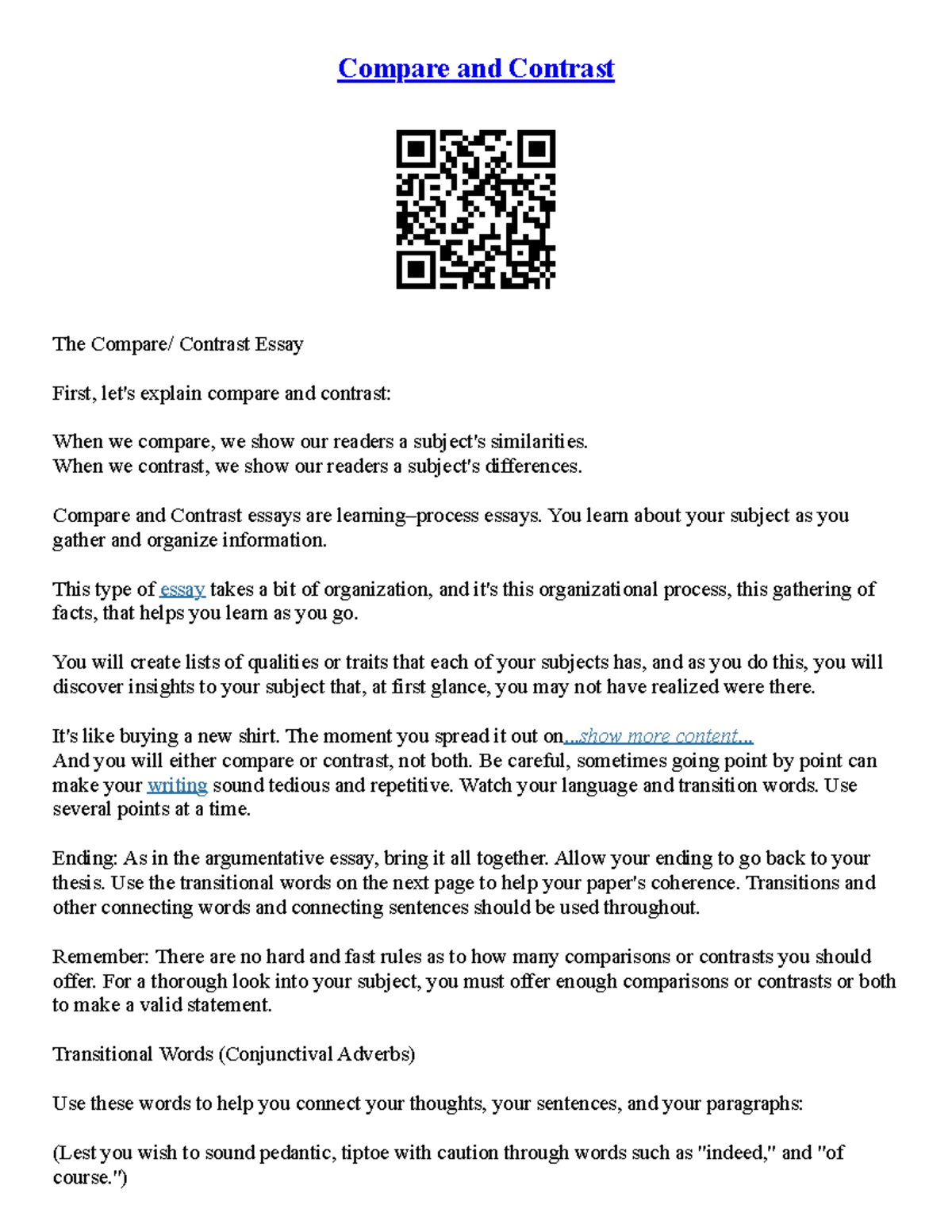 Compare And Contrast Essay Sample - Compare and Contrast The Compare ...
