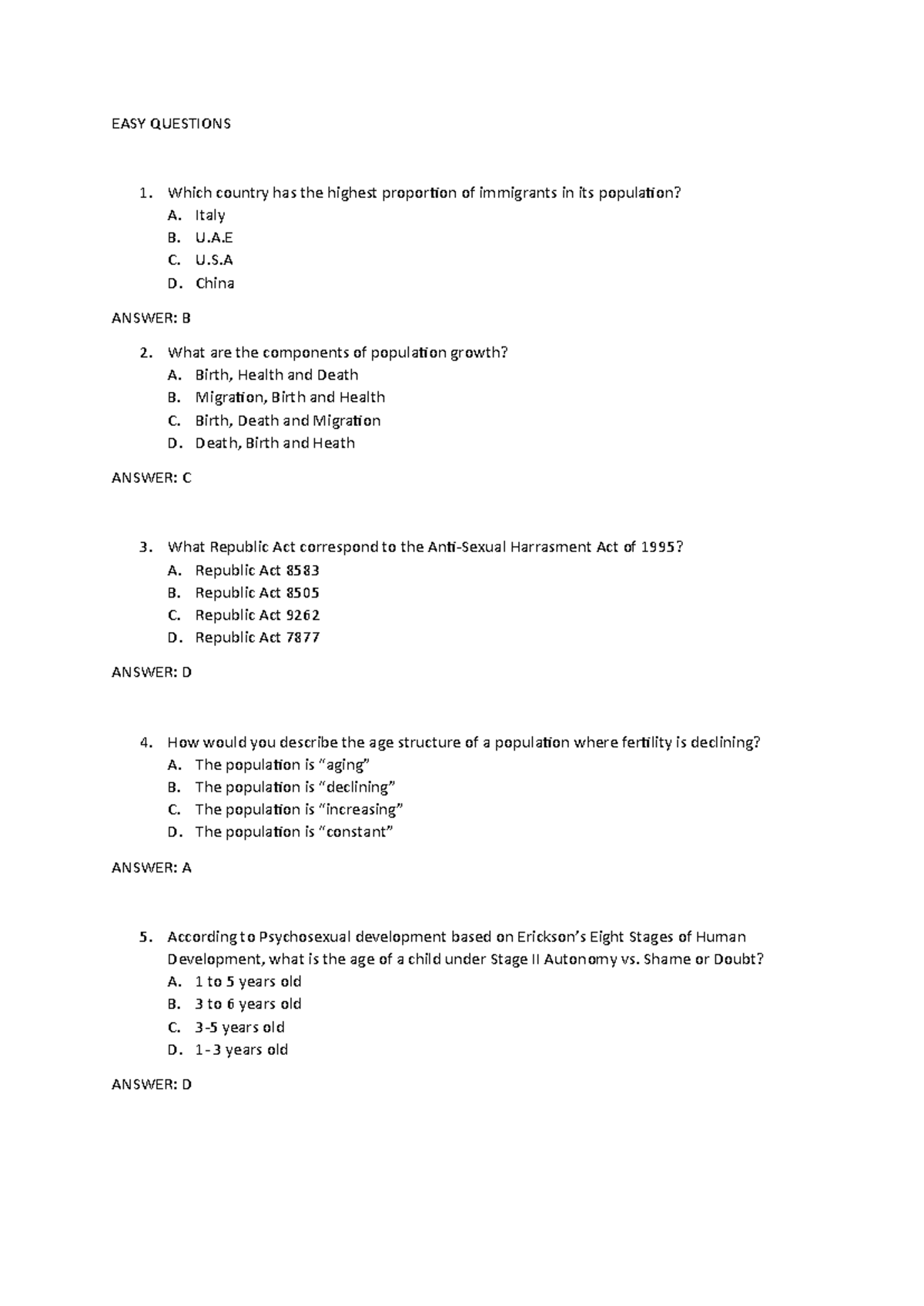 Popdev Quiz - Easy to Clincher Questions Overview - Studocu