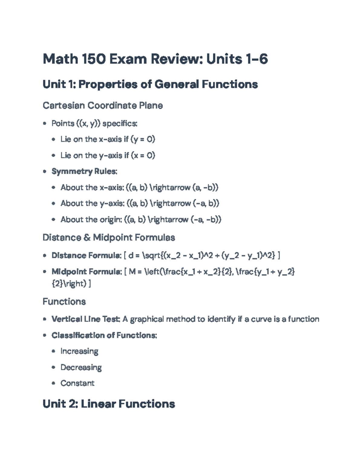 Math 150 Final Exam Review: Key Concepts from Units 1-6 - Math 150 Exam ...