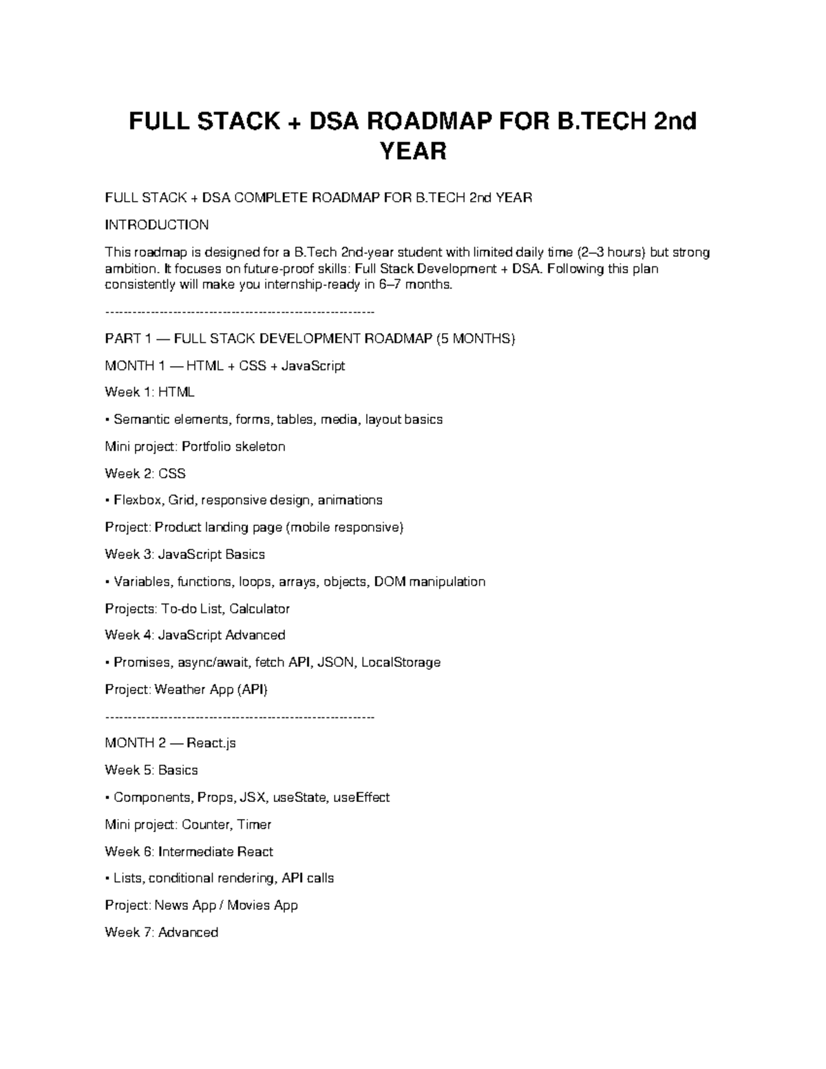 B.TECH 2nd YEAR FULL STACK DSA ROADMAP: 5-MONTH GUIDE - Studocu