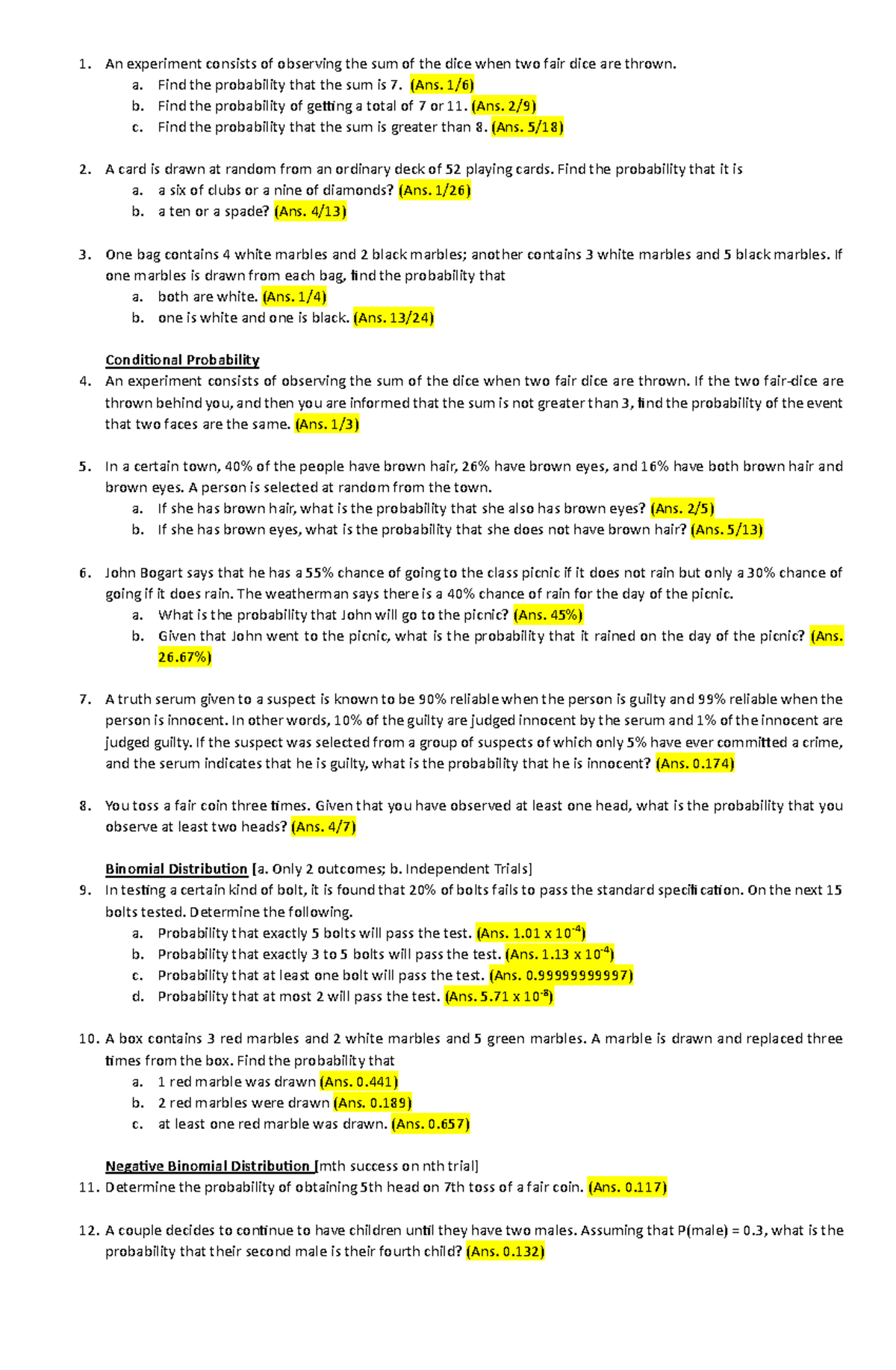 Basic Principles of Probability (MATH 101) - Exercises and Solutions ...