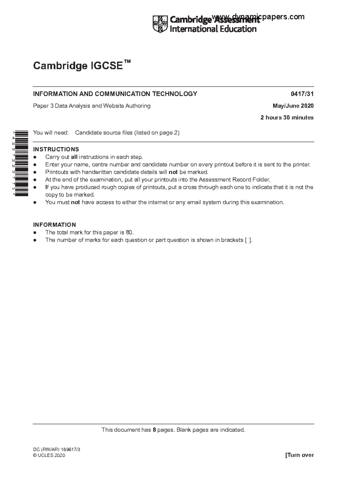 IGCSE ICT 0417/31 May 2020 Data Analysis & Web Authoring Exam QP - Studocu