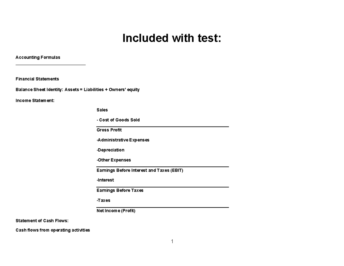 C213 Accounting Study Guide - Key Formulas & Financial Statements - Studocu