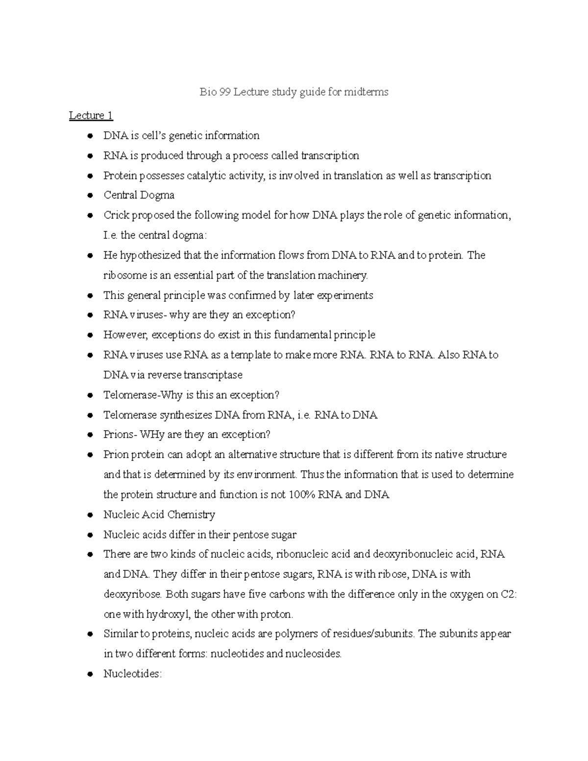 Bio 99 Midterm Lecture Study Guide: DNA, RNA, and Protein Synthesis ...