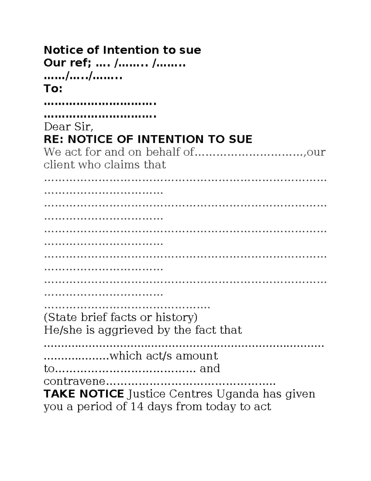 Civil procedure forms for notice of intention to sue and defense - Studocu