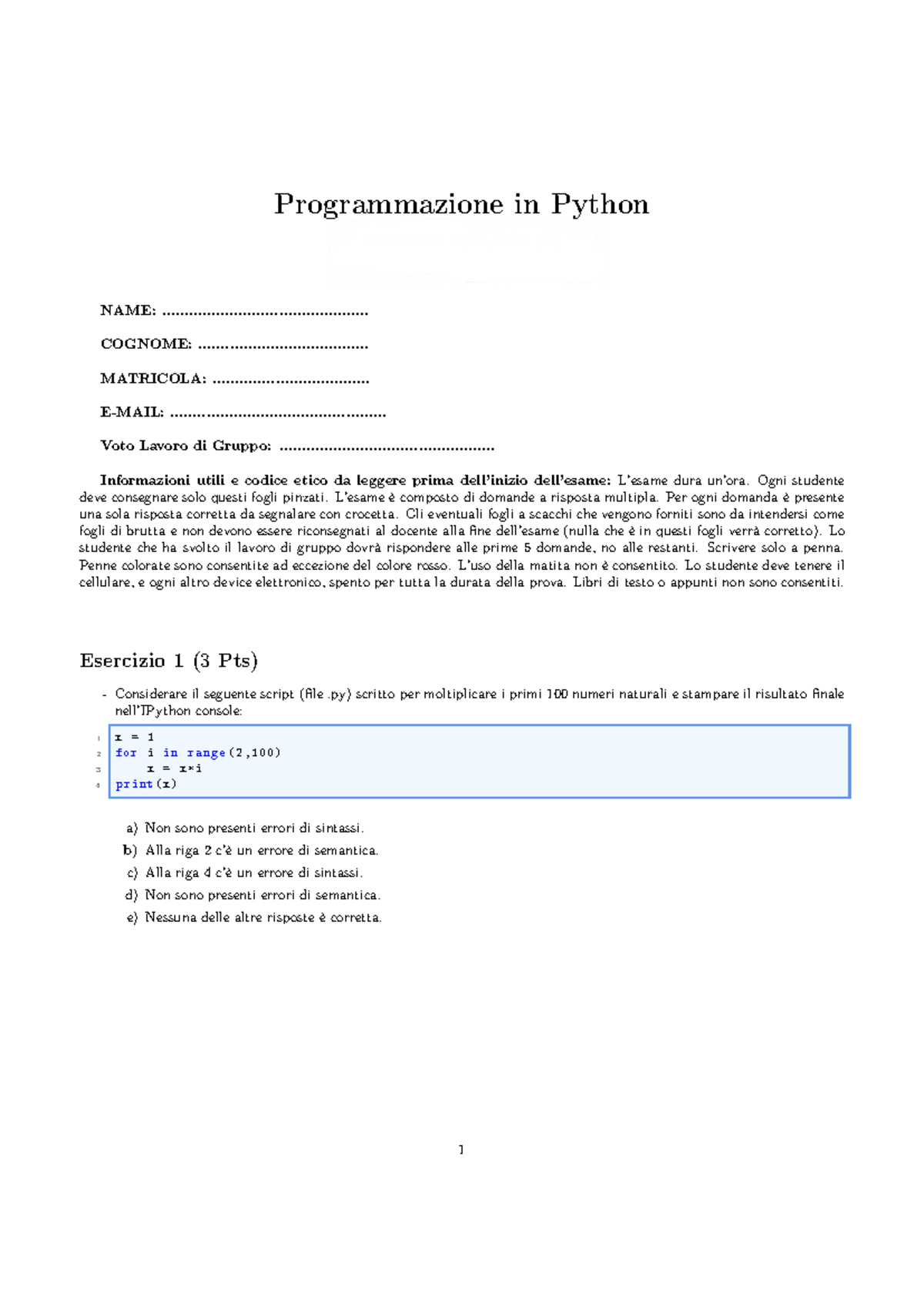 Prova C - Esame di Programmazione in Python (C) - Studocu