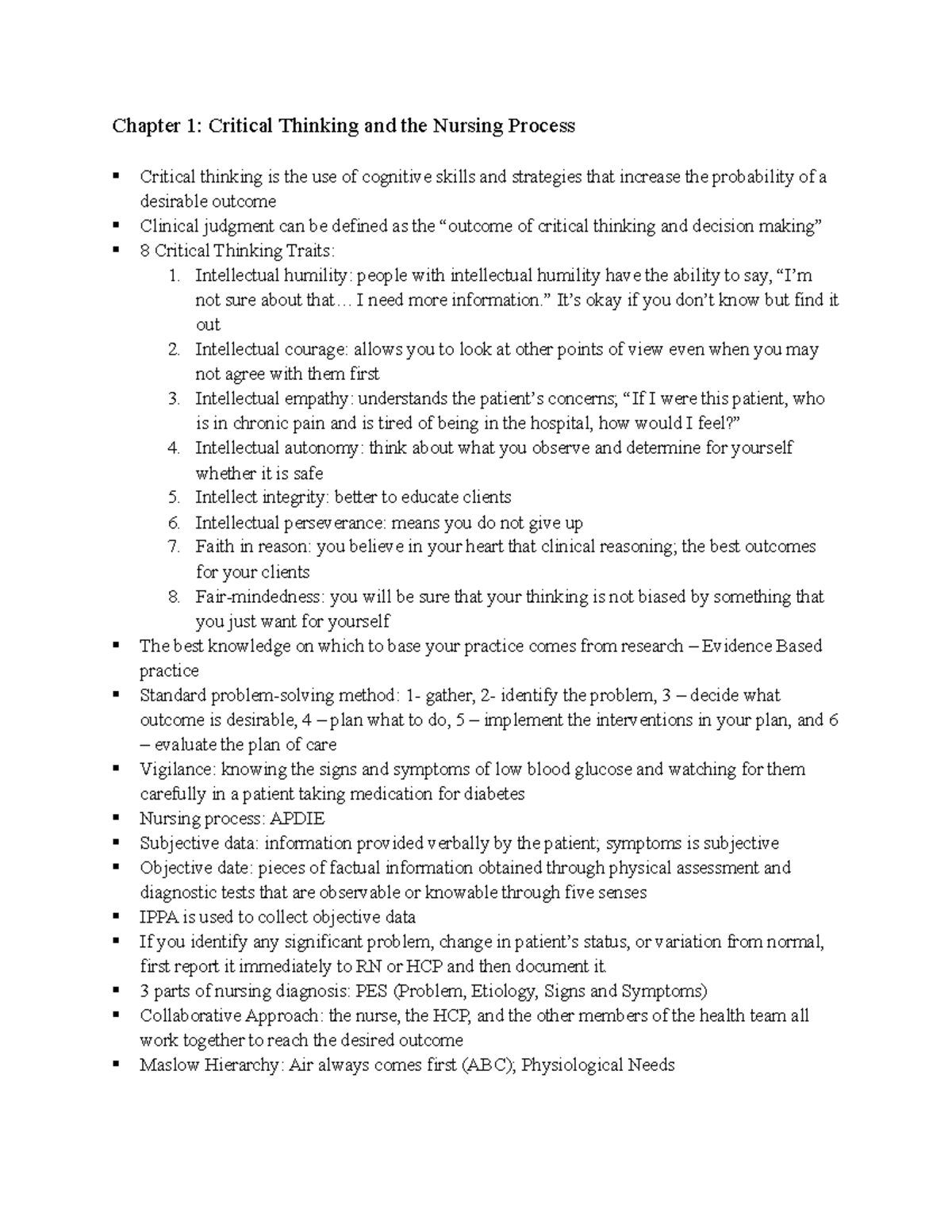 Adult Med Surg Exam 1 - Critical Thinking & Nursing Process Notes - Studocu