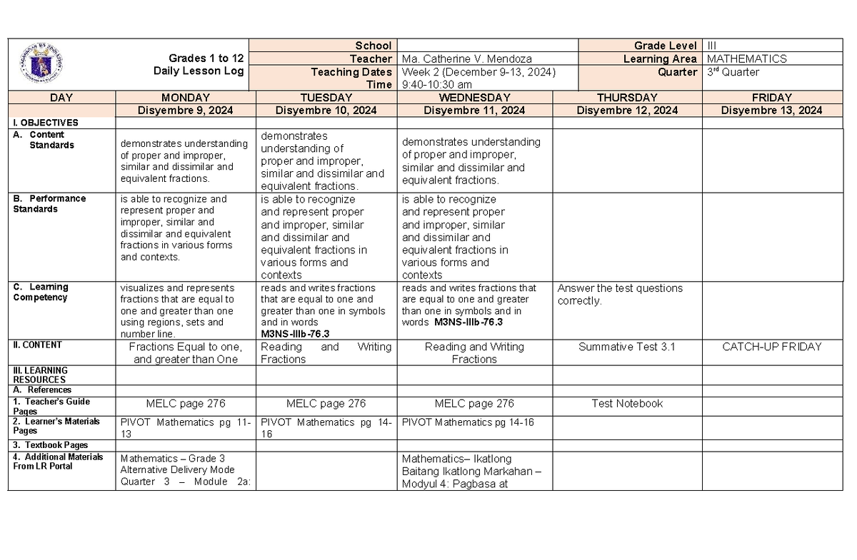 DLL- Mathematics-Q3-WEEK2 - Grades 1 to 12 Daily Lesson Log School ...