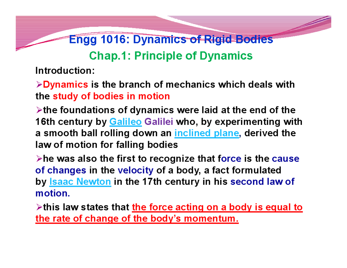 Engg 1016: Chapter 1 - Principles of Dynamics Explained - Studocu