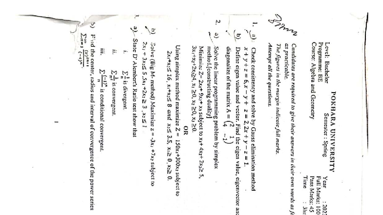 Algebra and Geometry Past Questions - POKHARA UNIVERSITY (BE) - Document Preview