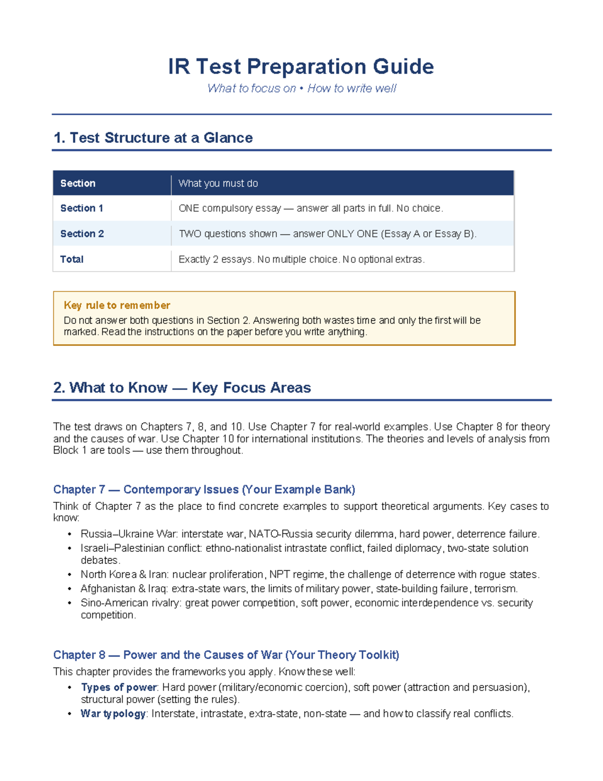 IR Test Preparation Guide: Essay Writing & Key Focus Areas - Studocu