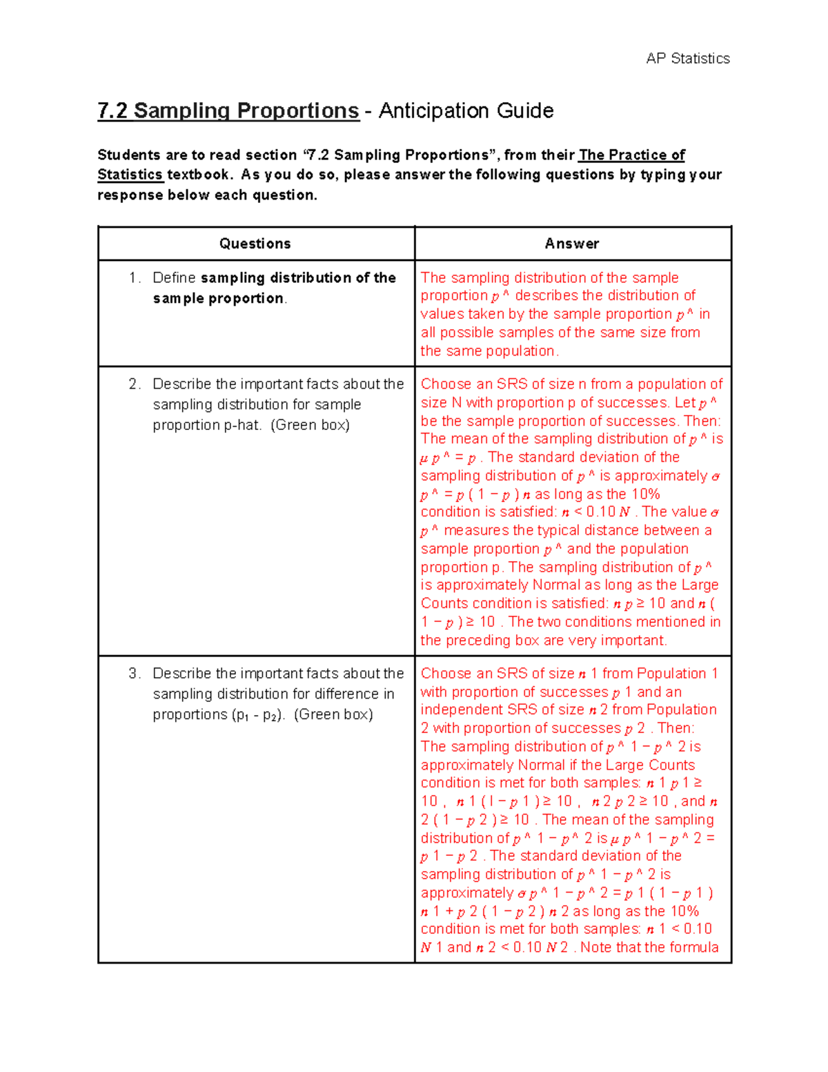 AP Statistics: 7.2 Sampling Proportions Anticipation Guide 2024-2025 ...