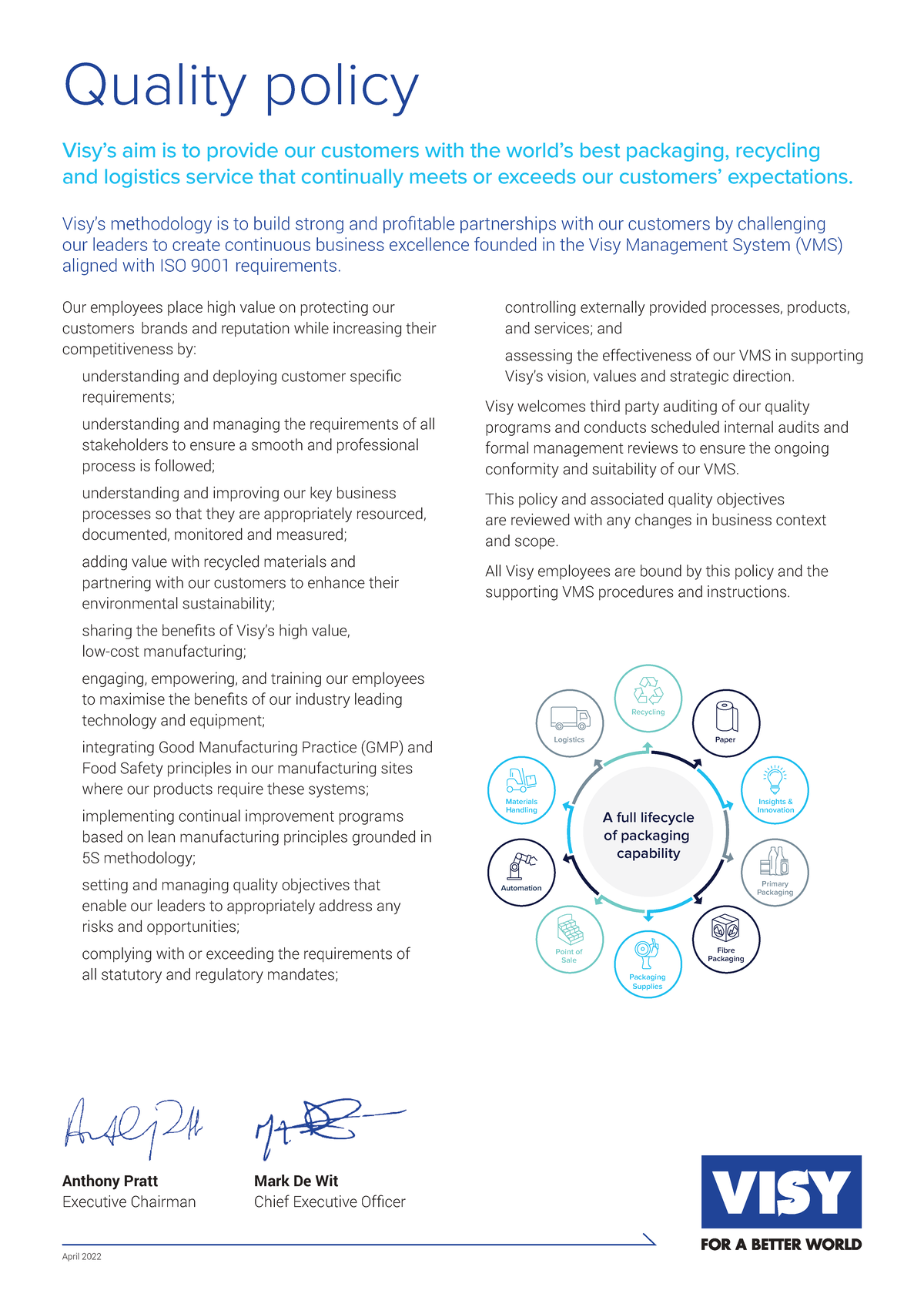 Quality Policy Document 2022: Excellence in Packaging & Logistics - Studocu