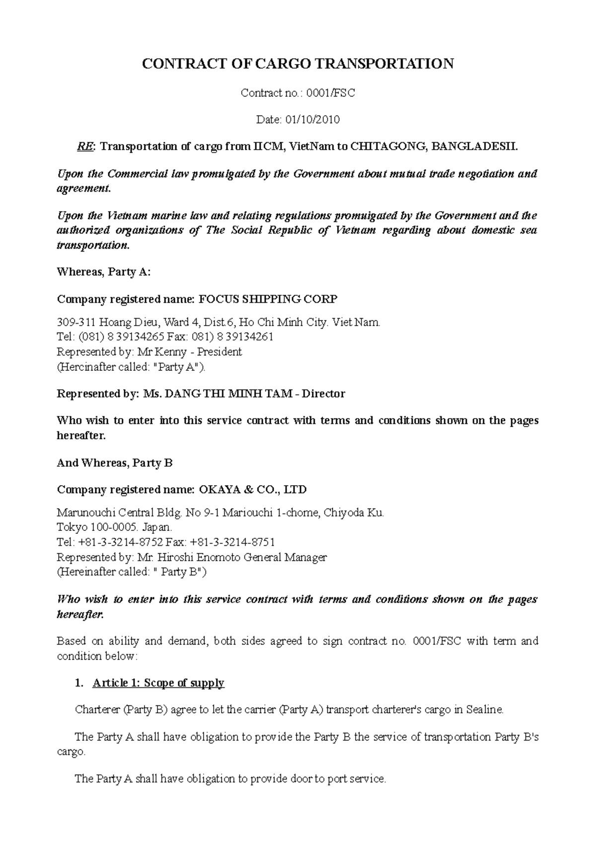 CONTRACT OF CARGO TRANSPORTATION 0001/FSC: Terms & Conditions - Studocu