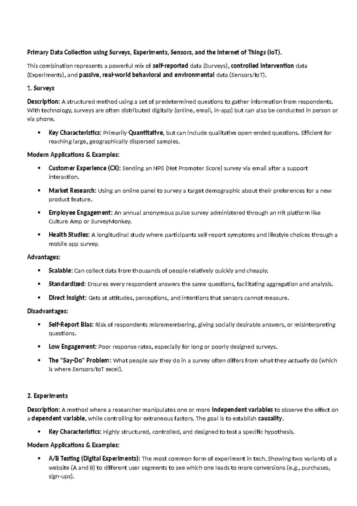 Data Collection Methods: Surveys, Experiments, Sensors, and IoT - Studocu