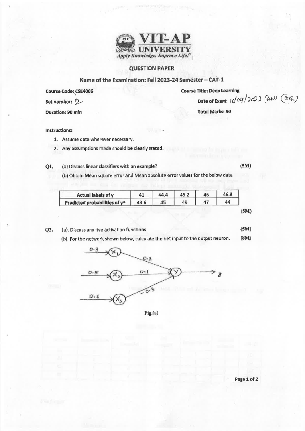 CSE4006 Fall Semester Deep Learning Exam Set 2 Question Paper - Studocu