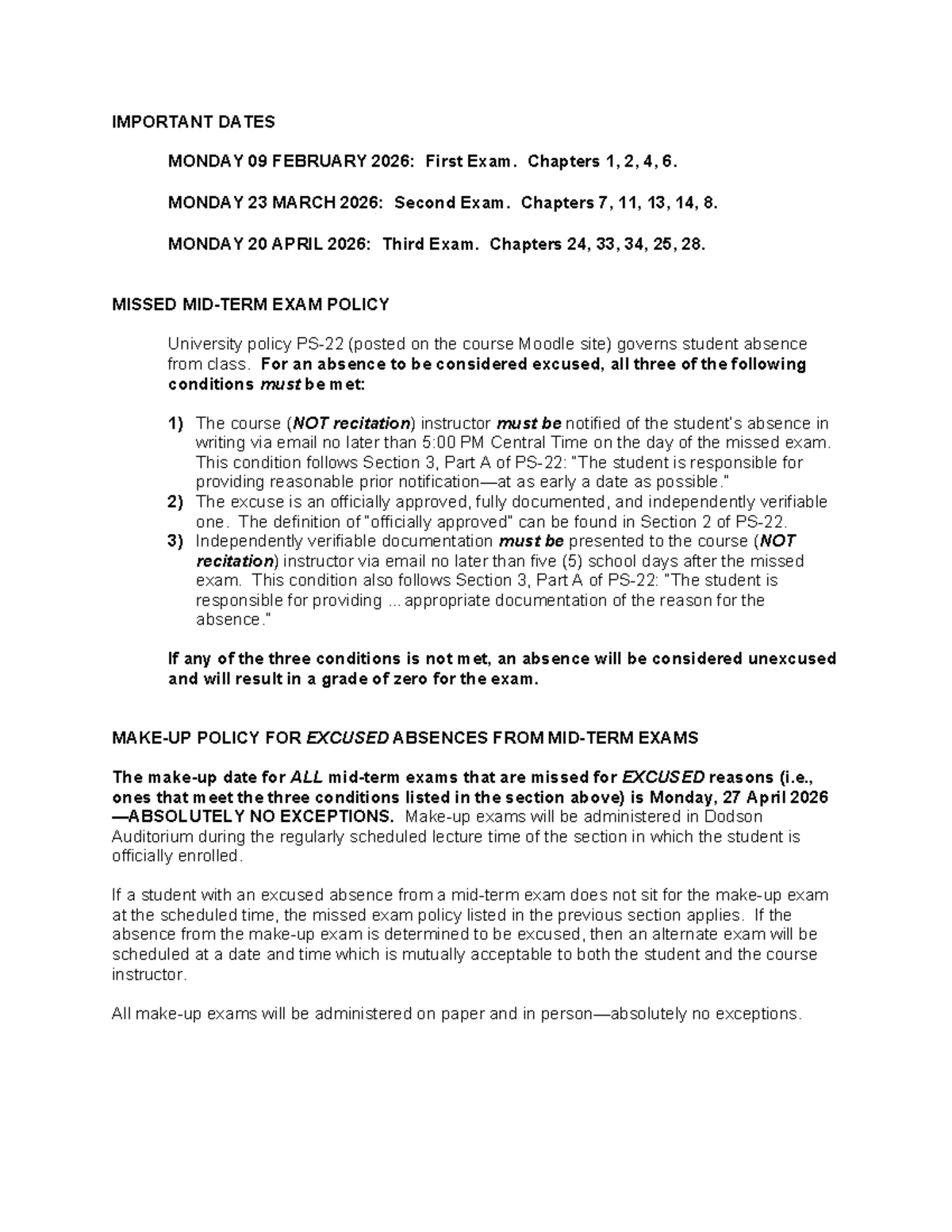 Missed Mid-Term Exam Policy (Spring 2026) and Important Dates - Studocu
