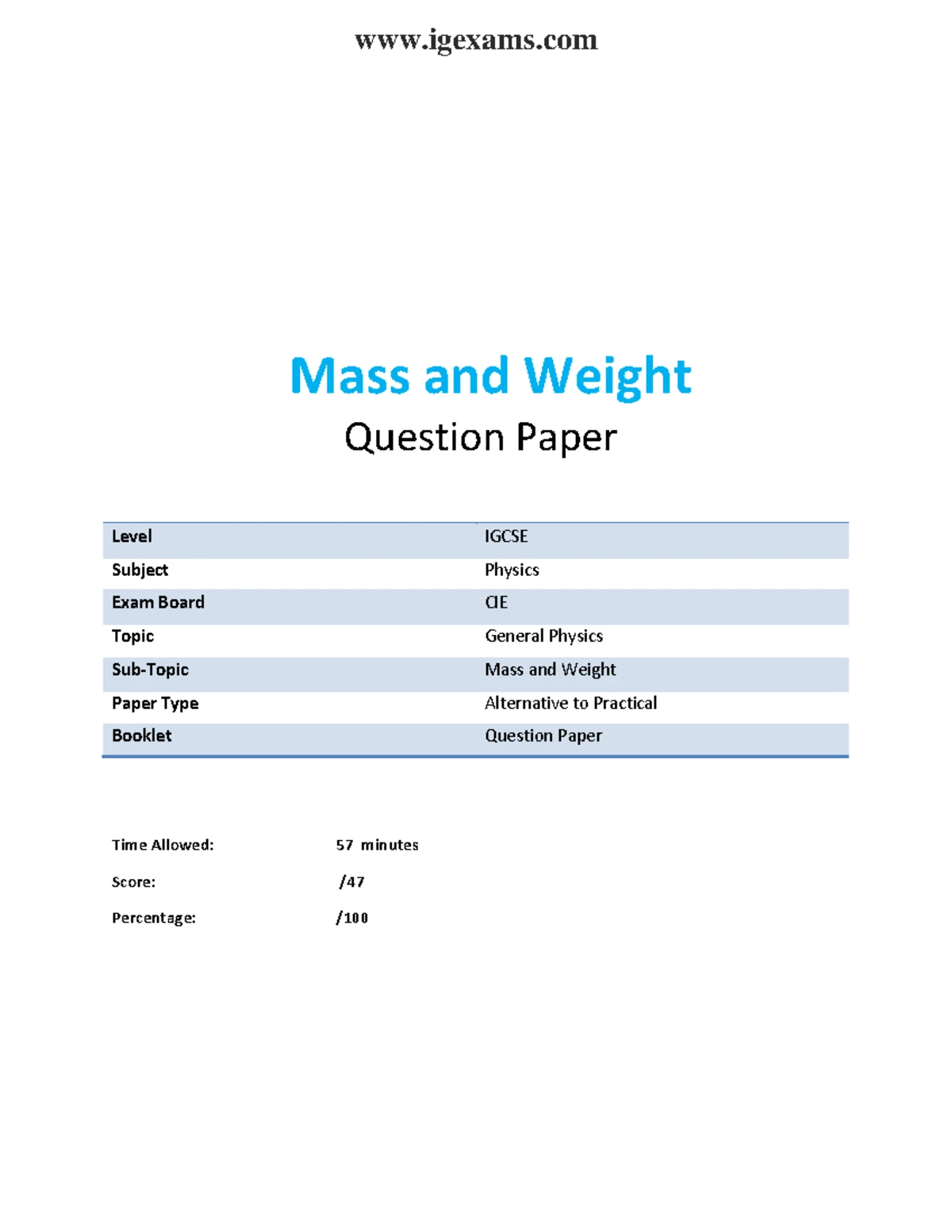 Density Question Paper 1 IGCSE Physics CIE - Alternative to Practical ...
