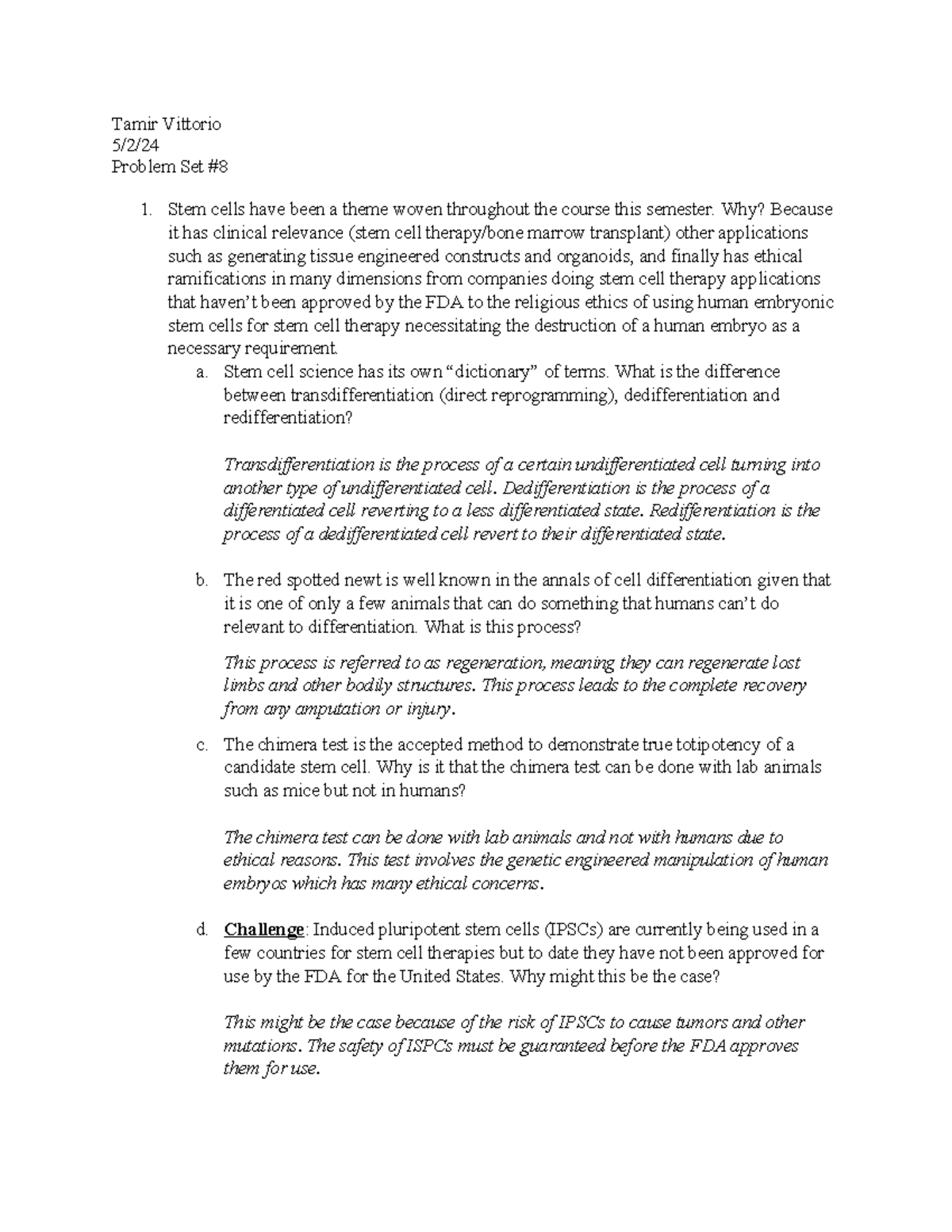 Problem Set BIOL311: Stem Cells, Differentiation & Ethical Implications ...