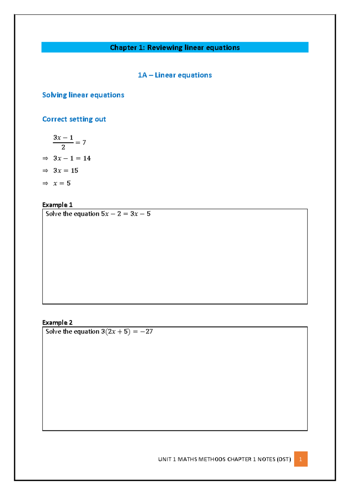 Unit 1 Maths Methods: Chapter 1 - Linear Equations & Inequalities Notes ...