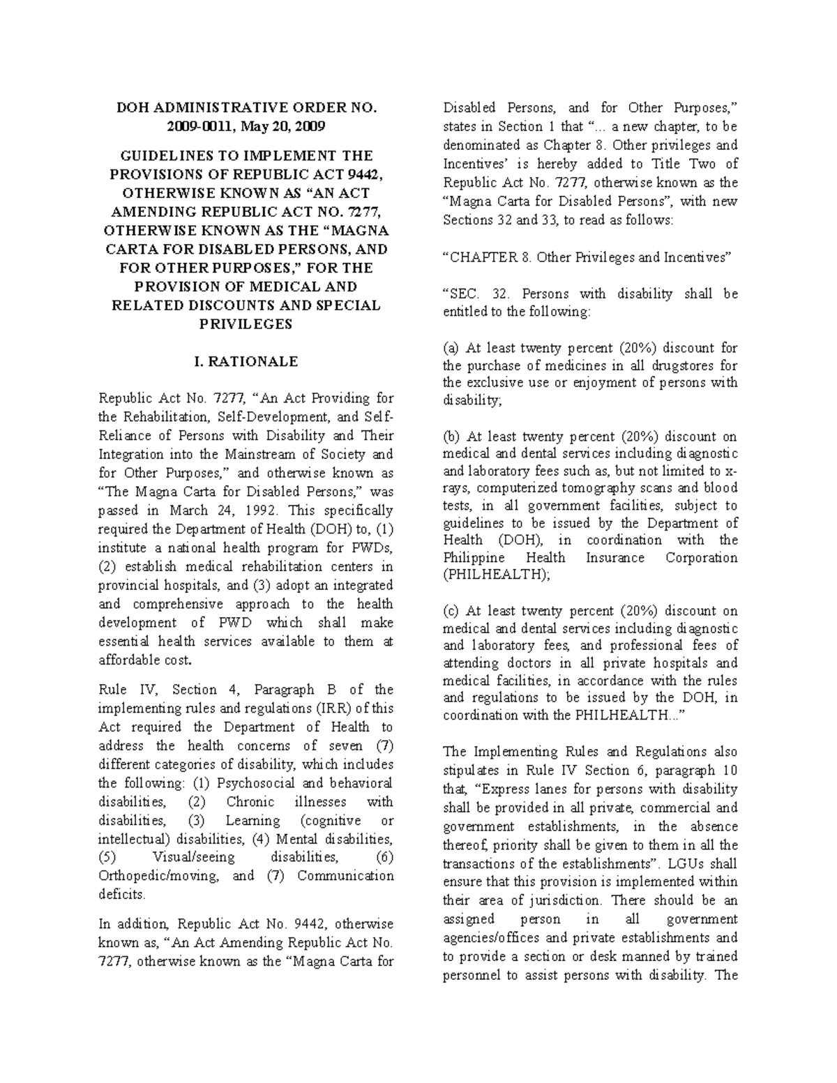Amending Republic Act 9442 - DOH ADMINISTRATIVE ORDER NO. 2009-0011 ...