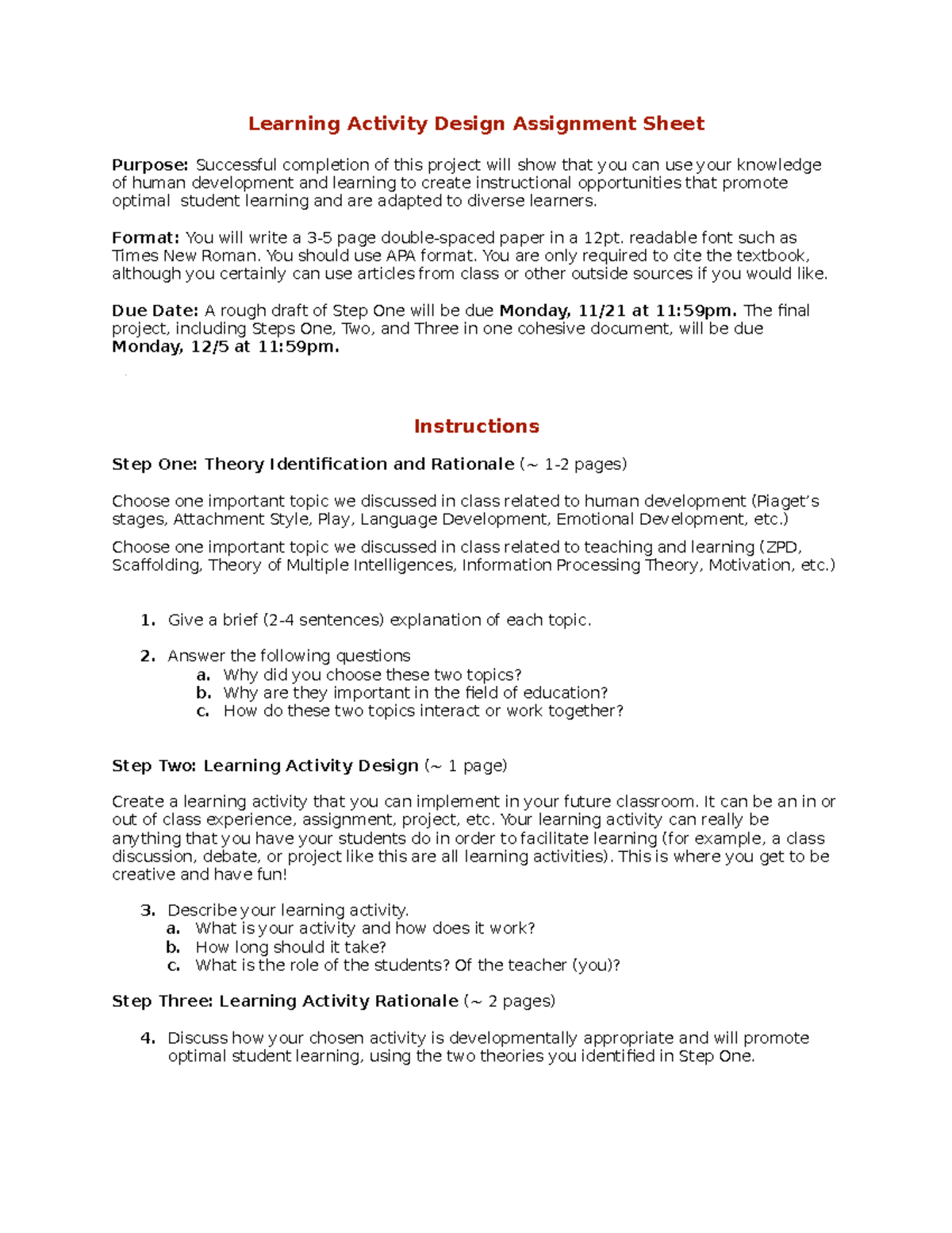 Learning Activity Design Assignment (EDU 301): Instructions ...